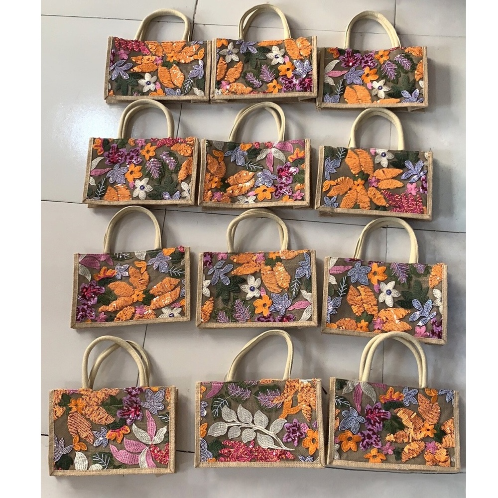 Boho Sequin Embroidered Burlap Medium Size Tote Bag - Picture 9 of 11